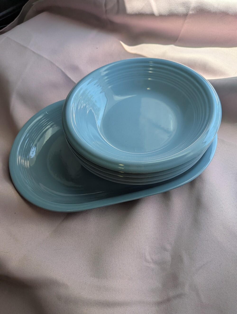 Light Blue Ceramic Serving Bowls - Set of 4 With Platter